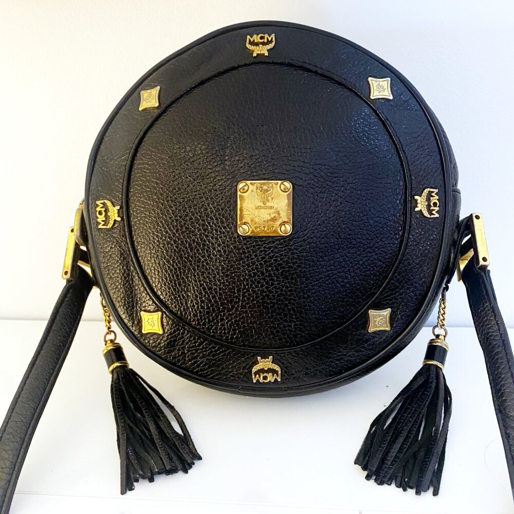 Vintage MCM Black Pebbled Leather Canteen / Tambourine Bag (Germany)